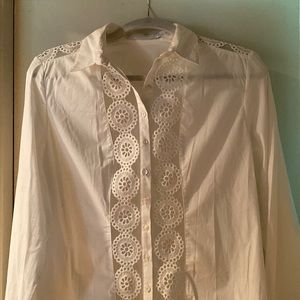Anne Fontaine - “Relly”  Poplin Crisp White Button up Shirt w/Floral Eyelet Trim